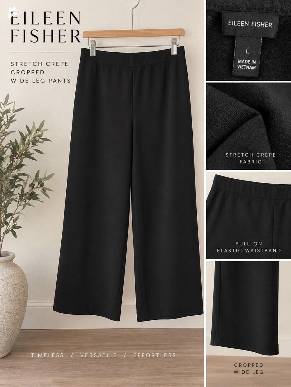 Eileen Fisher Stretch Crepe Cropped Wide Leg Pull On Pants Black L